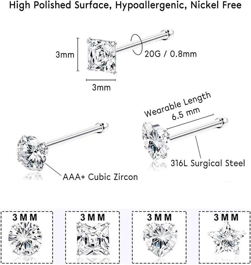 SEEDRILL 8Pcs 20G Nose Rings studs for Woman Hypoallergenic Nose Studs 316L Surgical Steel with Gold Plated Nose Piercings Jewelry 3mm CZ L Shape Nose Rings 20 Gauge Nose Stud Nose Screw Studs - Image 3